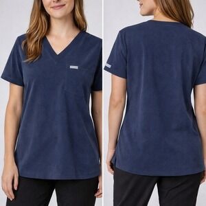 FIGS Technical Collection Navy Blue Scrub Top V Neck Short Sleeve Pocket M